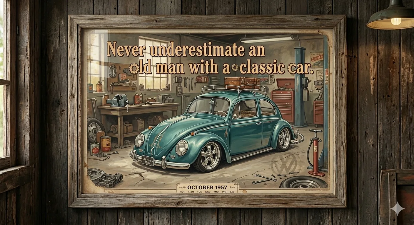 Picture Frame Never Underestimate an Old Man in a Vintage Volkswagen – Retro VW Garage Wall Art